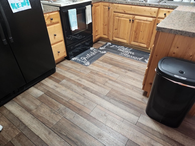 interior details featuring light wood-type flooring and black appliances