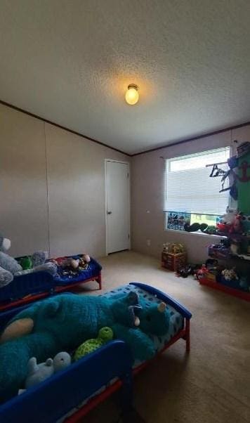 carpeted bedroom with lofted ceiling and a textured ceiling