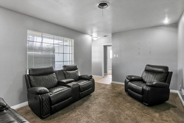 living room with dark colored carpet