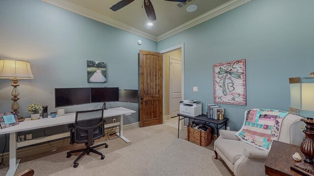 7705 Savannah St, Beaumont, TX 77707 - office area featuring carpet flooring, crown molding, ceiling fan, and baseboards
