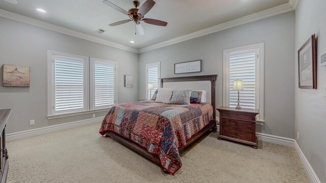 7705 Savannah St, Beaumont, TX 77707 - bedroom featuring carpet flooring, crown molding, multiple windows, baseboards, and ceiling fan