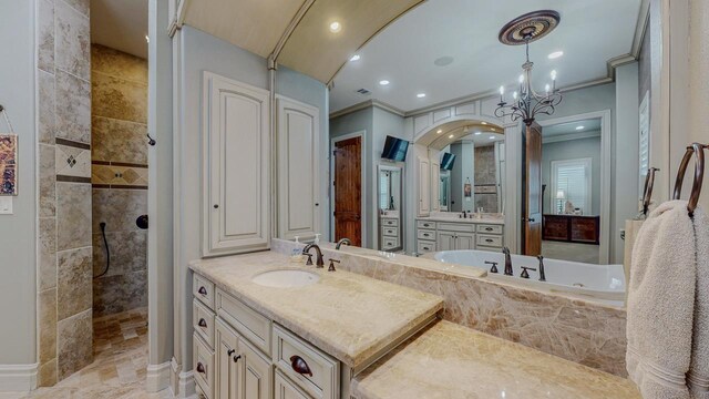 7705 Savannah St, Beaumont, TX 77707 - full bath featuring walk in shower, a bath, vanity, crown molding, and recessed lighting