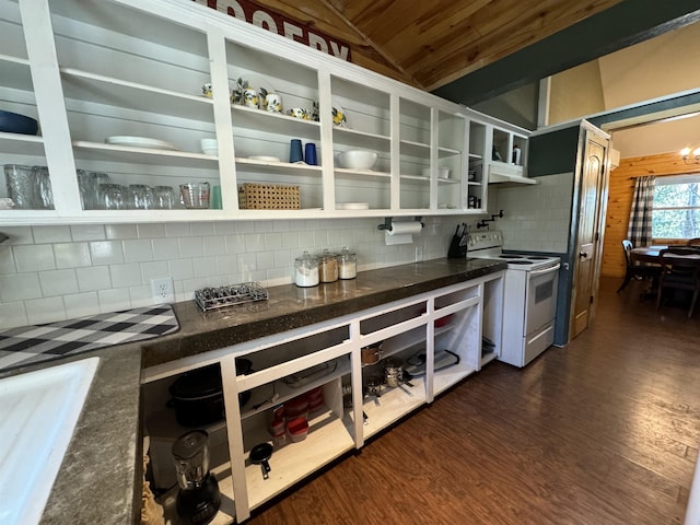 kitchen with wooden ceiling, vaulted ceiling, backsplash, dark hardwood / wood-style flooring, and electric stove