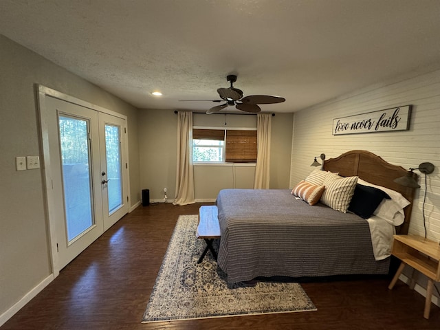 bedroom with french doors, ceiling fan, access to exterior, and dark hardwood / wood-style floors