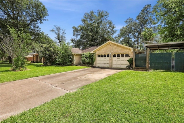 single story home with concrete driveway, fence, a front lawn, brick siding, and a garage