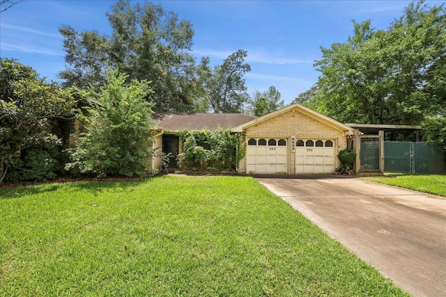 ranch-style home with driveway, brick siding, a front yard, and an attached garage