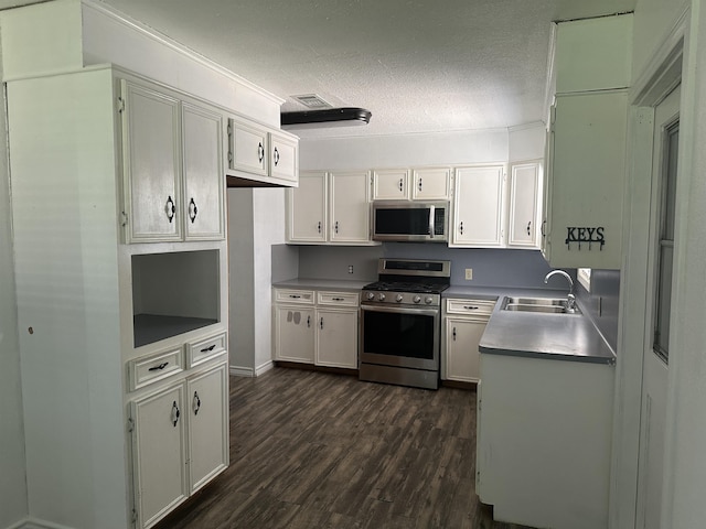 kitchen with sink, dark hardwood / wood-style floors, a textured ceiling, white cabinetry, and stainless steel appliances