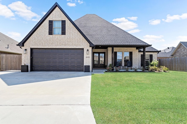 view of front of house with a front yard, french doors, and a garage