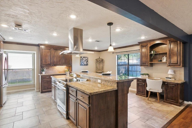 kitchen featuring a kitchen island with sink, crown molding, appliances with stainless steel finishes, decorative light fixtures, and island exhaust hood