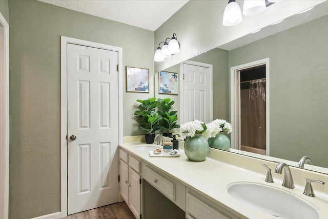 bathroom featuring vanity and hardwood / wood-style flooring