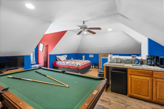 7675 Myrtle Beach Dr, Beaumont, TX 77707 - recreation room with vaulted ceiling, light wood-type flooring, ceiling fan, billiards table, and recessed lighting