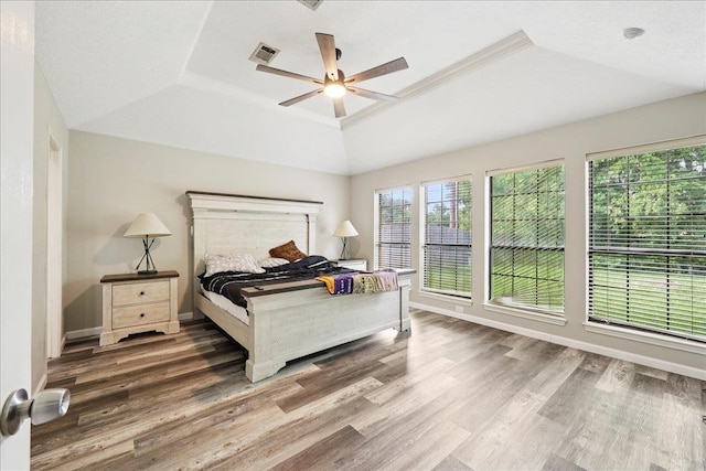 1416 23rd St, Nederland, TX 77627 - bedroom featuring a tray ceiling, wood finished floors, a ceiling fan, and lofted ceiling