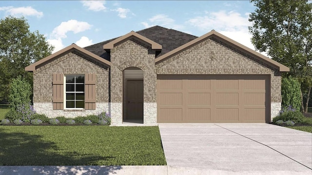 french country inspired facade with a garage, stone siding, driveway, and a front yard