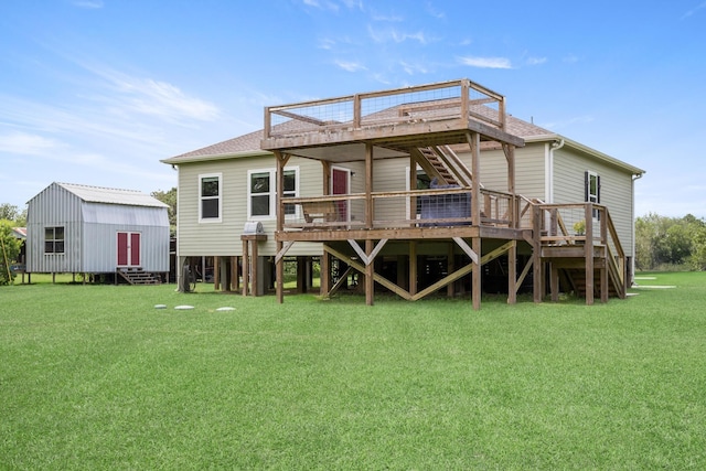 451 Lene Ln, Beaumont, TX 77705 - rear view of property with stairway, a deck, a lawn, and a shingled roof