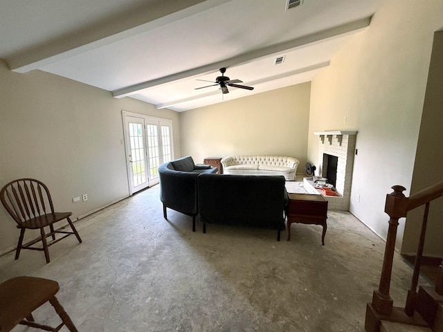 445 Longmeadow, Beaumont, TX 77707 - bedroom featuring access to exterior, beam ceiling, concrete floors, a fireplace, and a ceiling fan