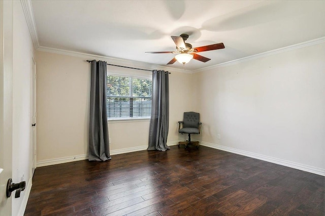 empty room with dark wood-type flooring, ceiling fan, and ornamental molding