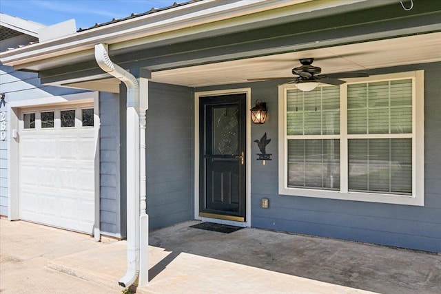 entrance to property with ceiling fan and a porch