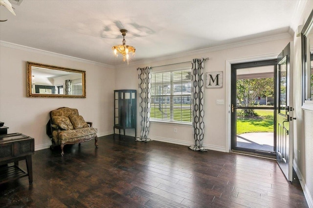 sitting room with ornamental molding, dark wood-type flooring, plenty of natural light, and a notable chandelier