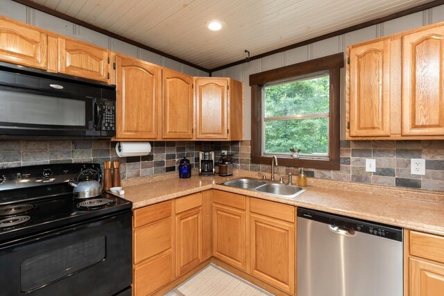 410 Creekwood St, Vidor, TX 77662 - kitchen featuring black appliances, a sink, light countertops, backsplash, and wooden ceiling