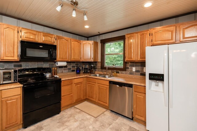 410 Creekwood St, Vidor, TX 77662 - kitchen featuring black appliances, a sink, backsplash, light countertops, and wood ceiling