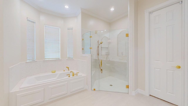 full bathroom featuring a stall shower, ornamental molding, a garden tub, and recessed lighting