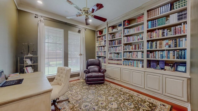 office space featuring ceiling fan, ornamental molding, built in features, and recessed lighting