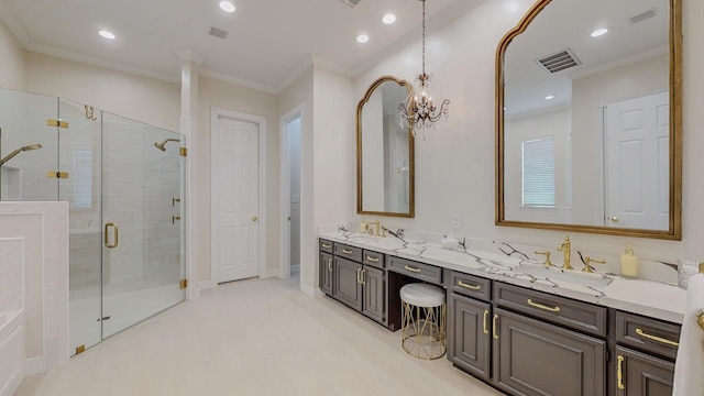 full bathroom with double vanity, crown molding, visible vents, a shower stall, and recessed lighting