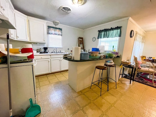 kitchen with ornamental molding, white cabinets, and plenty of natural light