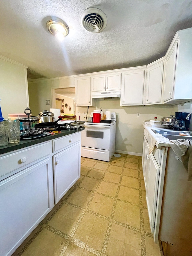 kitchen featuring under cabinet range hood, a sink, white cabinetry, visible vents, and white electric range oven