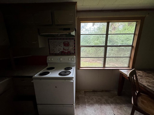 kitchen with under cabinet range hood and white electric range oven