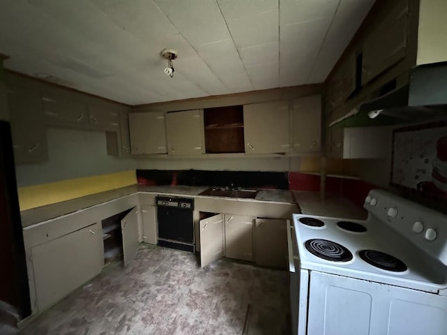 kitchen featuring light countertops, dishwasher, unfinished concrete floors, white electric range, and a sink