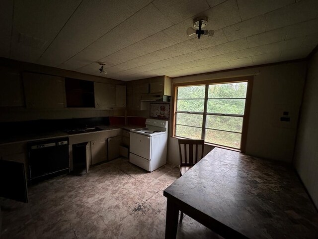 1506 Hopkins, Jasper, TX 75951 - kitchen with white range with electric cooktop, a sink, and under cabinet range hood