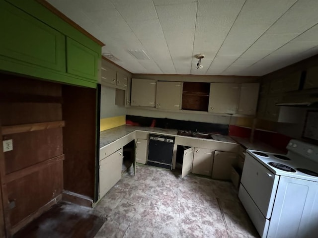 kitchen featuring ventilation hood, open shelves, black dishwasher, and white range with electric stovetop