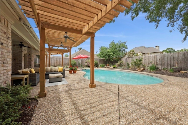 4820 Ashland St, Beaumont, TX 77706 - view of swimming pool featuring a fenced backyard, a patio, ceiling fan, and an outdoor hangout area