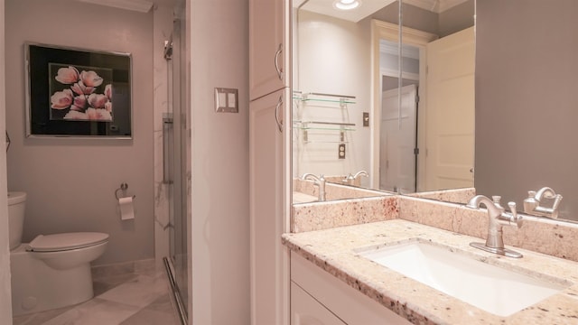 full bathroom with toilet, a shower stall, and vanity