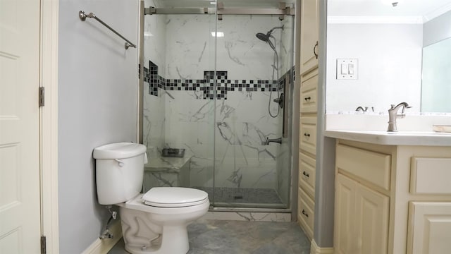 full bath with vanity, ornamental molding, a marble finish shower, and toilet