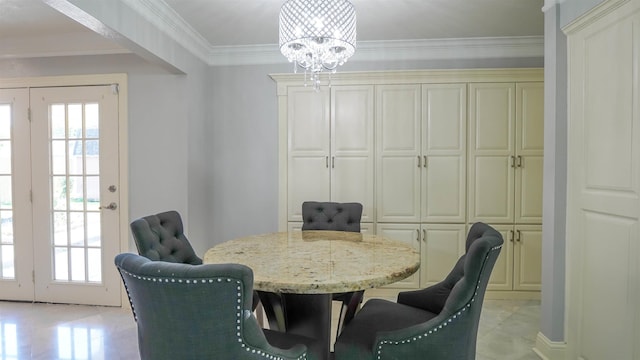 dining area with a chandelier and ornamental molding