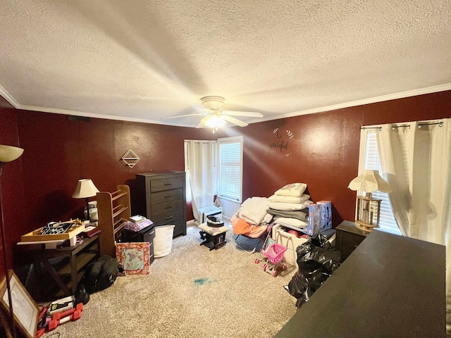 carpeted bedroom with multiple windows, ceiling fan, and ornamental molding