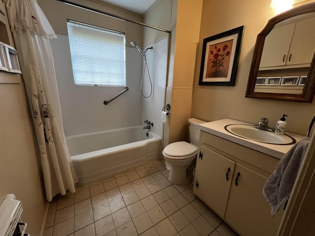 bathroom with vanity, tile patterned flooring, shower / bath combination with curtain, and toilet