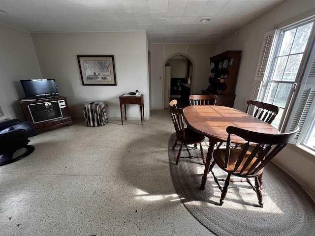 dining space featuring arched walkways, speckled floor, a wealth of natural light, and baseboards