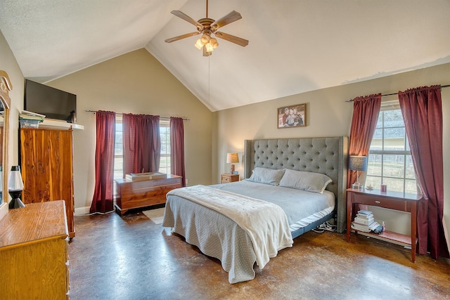 bedroom with high vaulted ceiling and ceiling fan