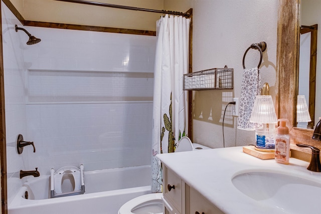 full bathroom with vanity, toilet, and shower / bath combo with shower curtain