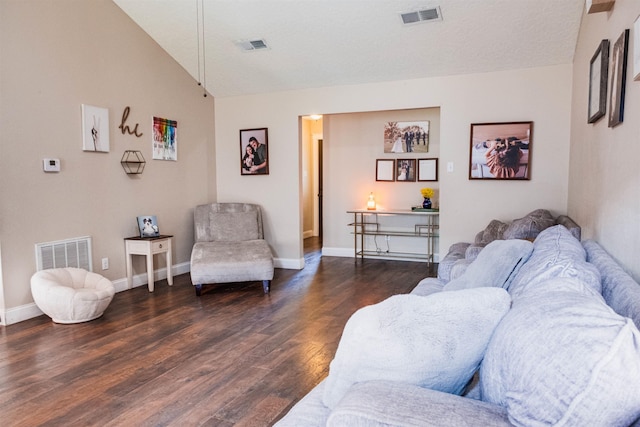 living room featuring lofted ceiling and dark hardwood / wood-style floors