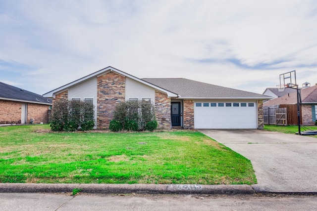 ranch-style home with a garage and a front yard