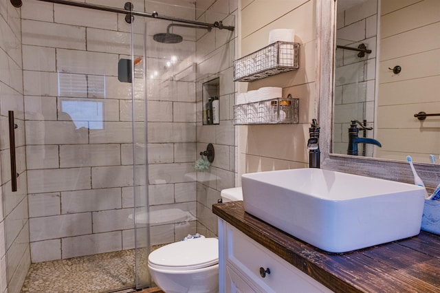 bathroom featuring vanity, toilet, and walk in shower