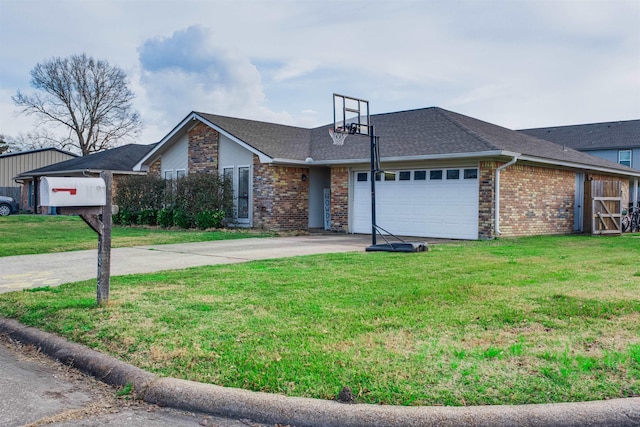 ranch-style house with a garage and a front yard