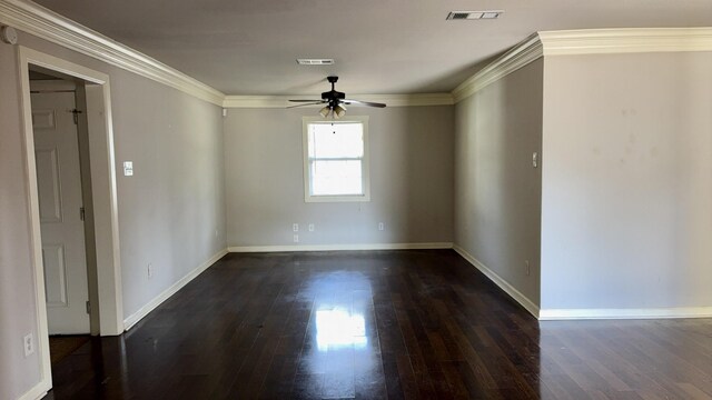 5440 Margo Ln, Beaumont, TX 77708 - spare room featuring ceiling fan, visible vents, ornamental molding, and hardwood / wood-style flooring
