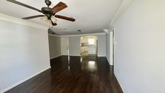 5440 Margo Ln, Beaumont, TX 77708 - unfurnished living room with ornamental molding, baseboards, arched walkways, dark wood-style floors, and ceiling fan