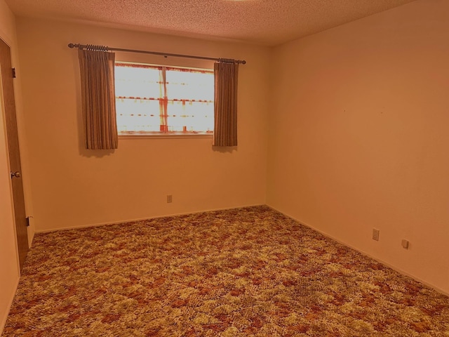 unfurnished room with carpet and a textured ceiling