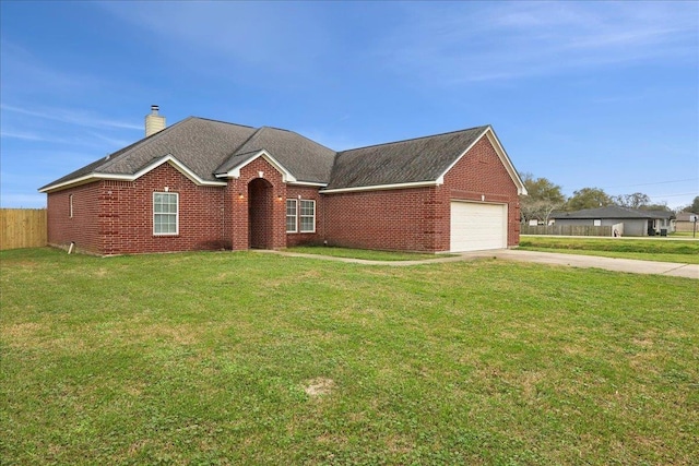 ranch-style home featuring brick siding, concrete driveway, a chimney, and a front yard